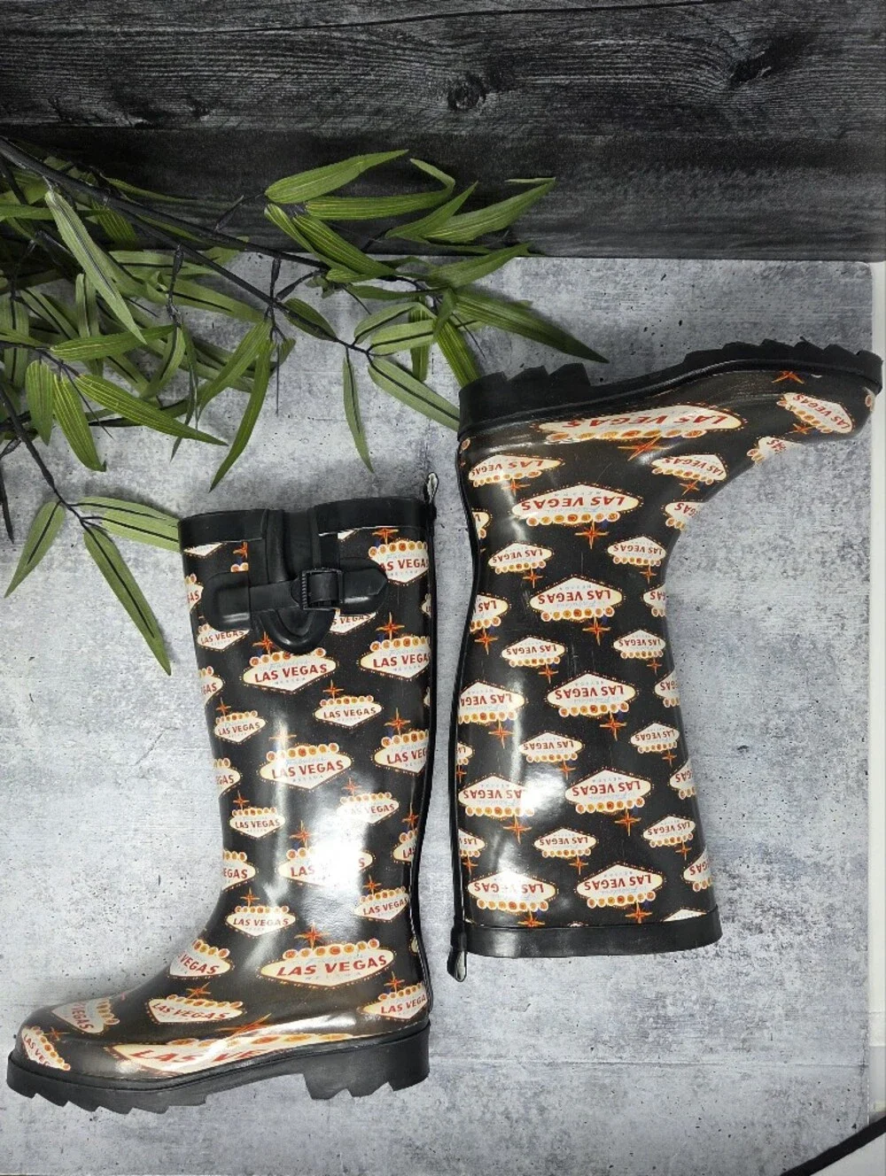 Capelli Las Vegas Graphic Print Rain Boots Size 6 Playful Retro Kitsch Tourist